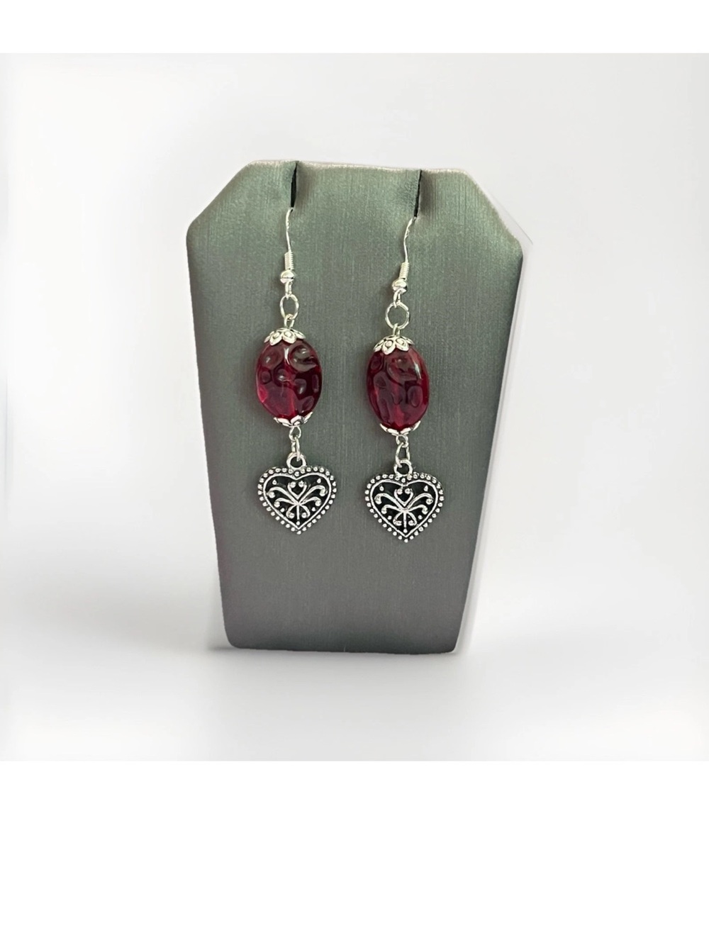 Handmade Red Glass Bead And Silver Filigree Heart Dangle Earring Bohemian